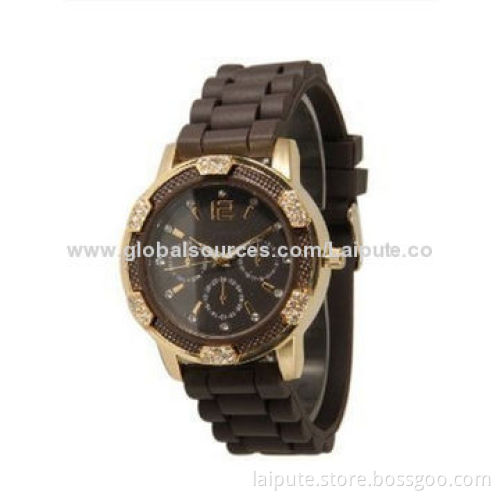 Stylish Black and White, Rose-gold, Faux, Chronograph Silicone Analog Quartz Watch with Rhinestones